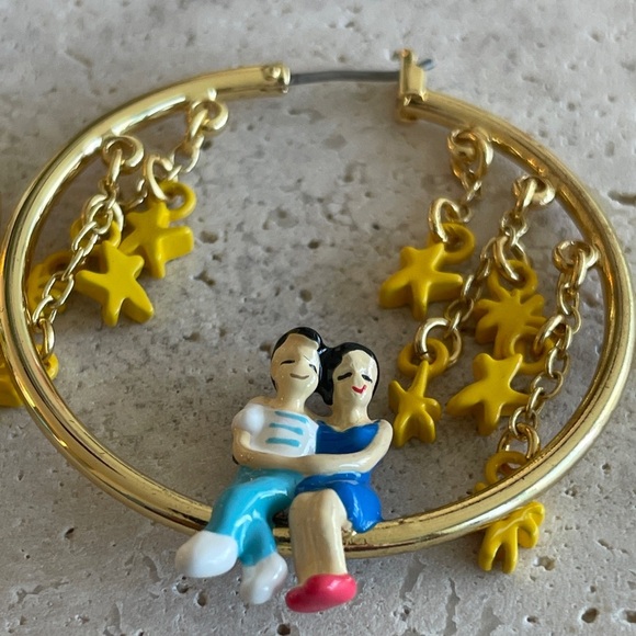 Les NEREIDES Gold and Yellow Hoop Earrings with Couple Charm - Picture 2 of 5